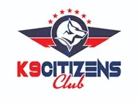 Logo for K9 Citizens Club featuring a dog head in a circle, with red, white, and blue wings and stars, and text.