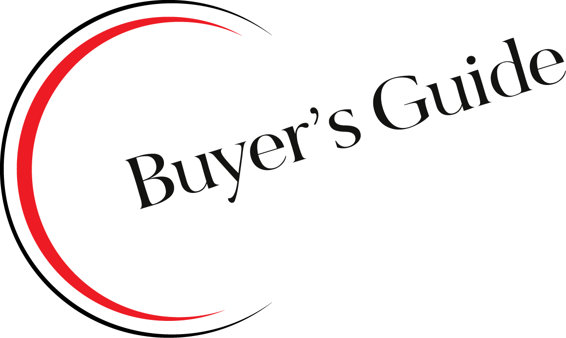 A buyer 's guide logo with a red circle in the middle