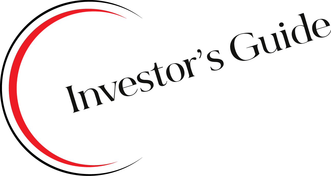 The investor 's guide logo is a red and black circle with the words investor 's guide written inside of it.