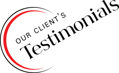 A logo for our client 's testimonials with a red circle around it.