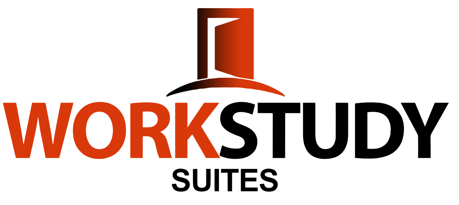 The logo for work study suites has a red door on top of it.