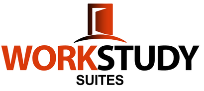 The logo for work study suites has a red door on top of it.