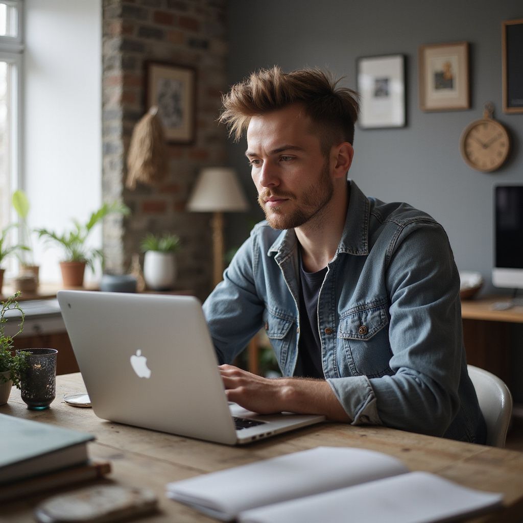 Man working on laptop at a wooden table in a home office. Brick wall, plants, and clock visible.
