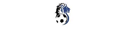 Lion's head and soccer ball logo in black and blue.