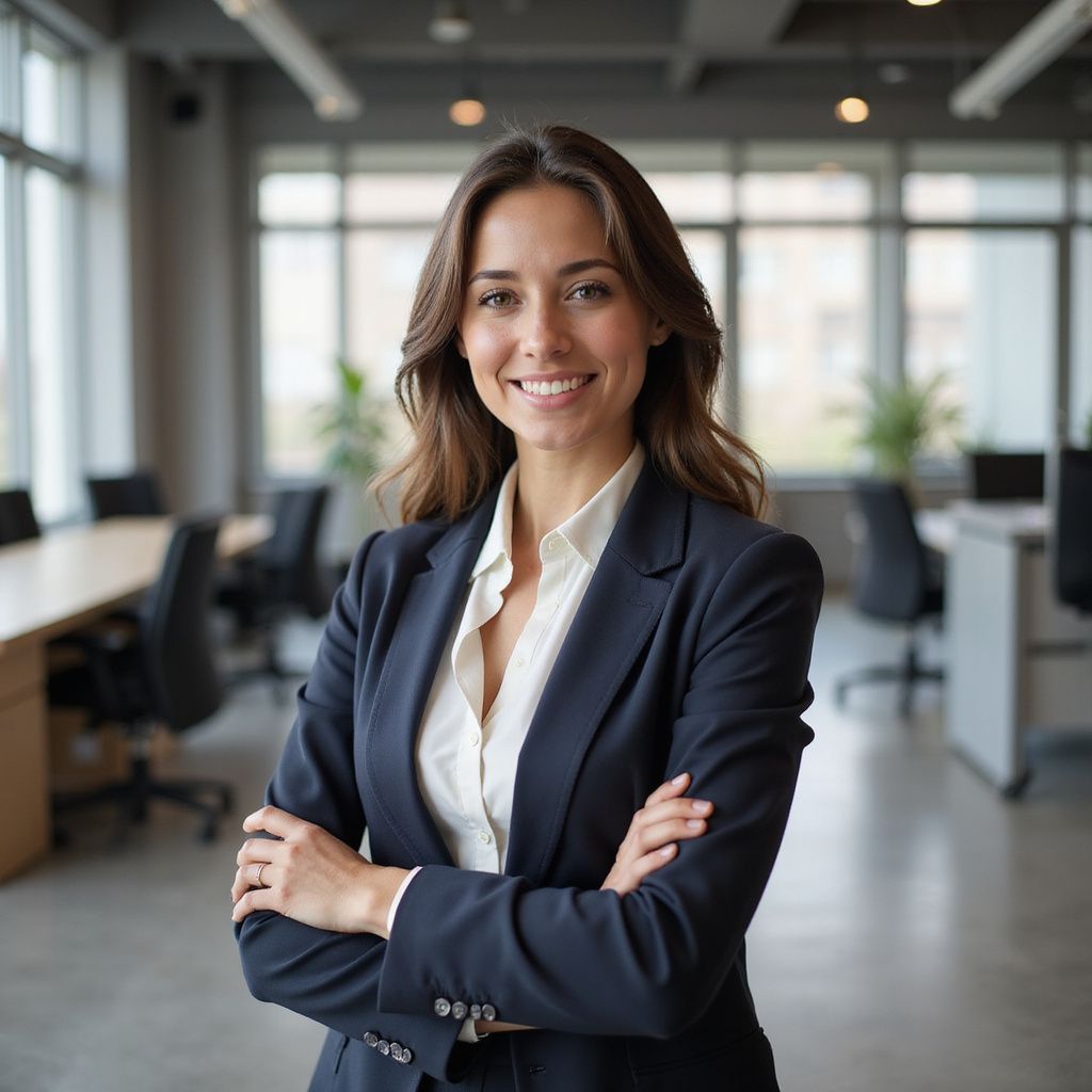 Woman with crossed arms smiling, wearing a navy blazer and white shirt in an office.