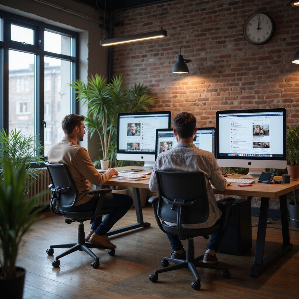 Two men working at computers in a modern office with brick walls and plants.