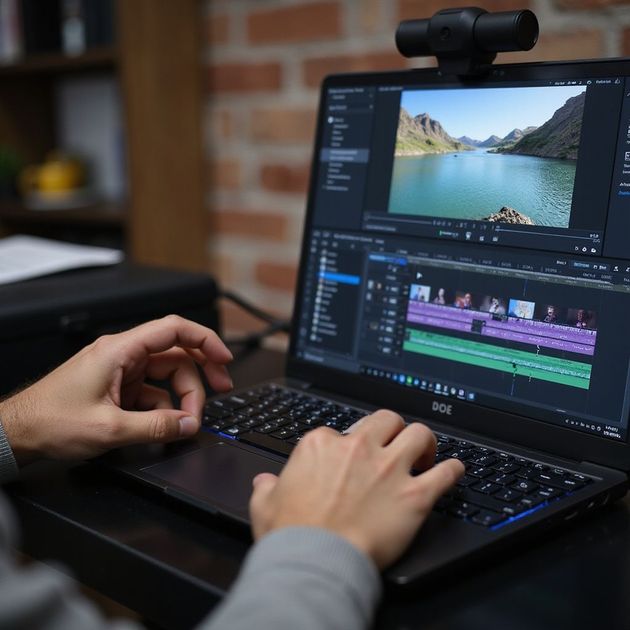 Person editing video on a laptop. A webcam is attached. The screen shows video editing software with a lake scene.