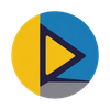 Yellow, blue, and gray logo with a geometric play button inside a circle, and a rectangular shadow.