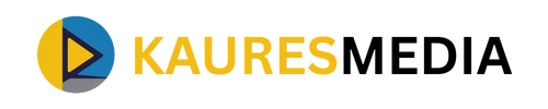Logo with a circle divided into yellow and blue sections, with a yellow play button, text 