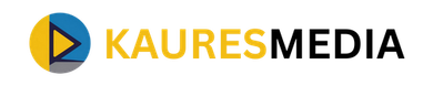Logo with a circle divided into yellow and blue sections, with a yellow play button, text 