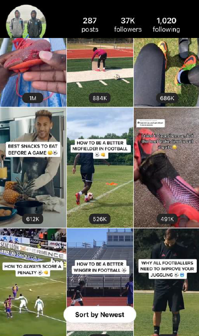 Soccer grid of a social media profile