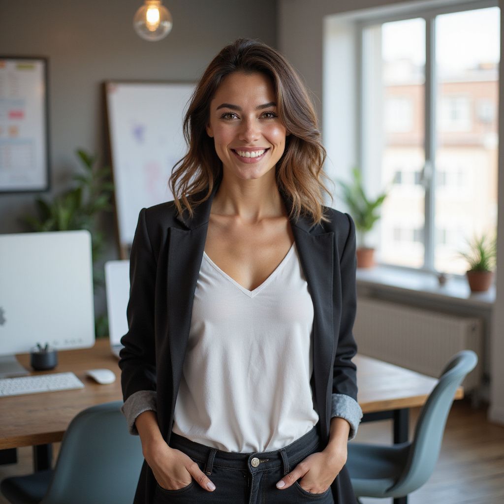 Woman in business attire smiles, standing in office with hands in pockets.