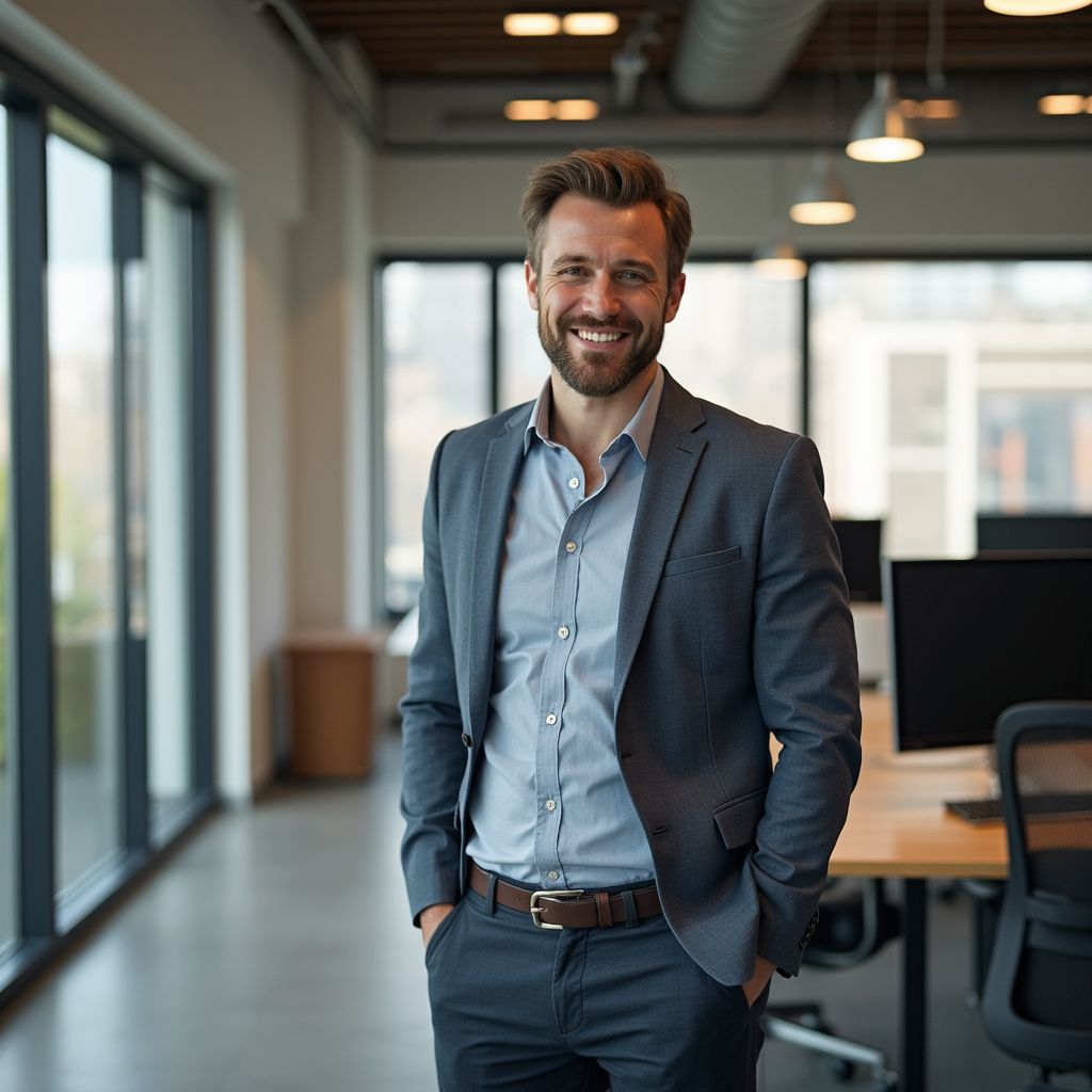 Man in a gray suit smiling in a modern office. Hands in pockets.