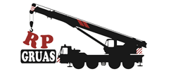 Logotipo que presenta una grúa levantando, con el texto “RP GRUAS” debajo.