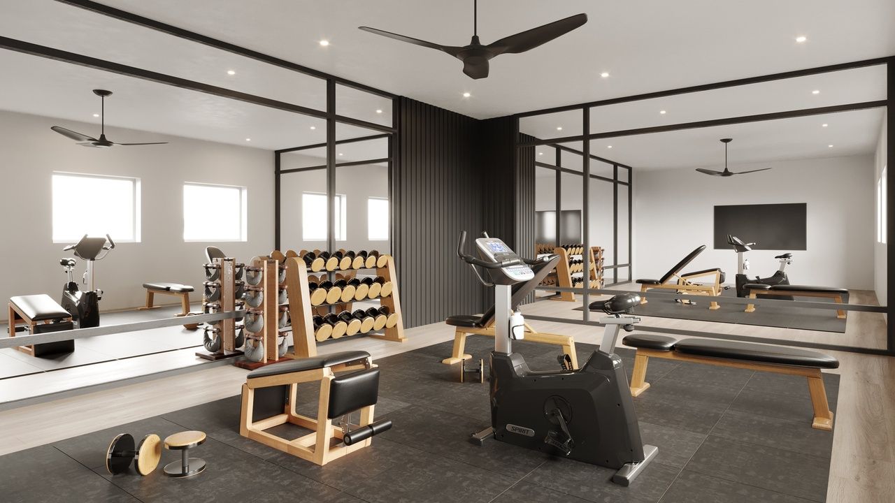 An artist 's impression of a gym with a ceiling fan.