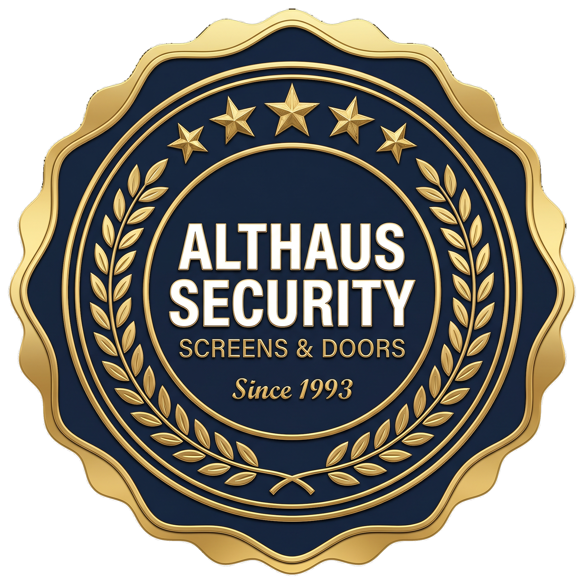 Gold and navy Althaus Security badge logo with stars, laurel wreath, and “Screens and Doors Since 1993” text Gold and navy Althaus Security badge logo with stars, laurel wreath, and “Screens and Doors Since 1993” text