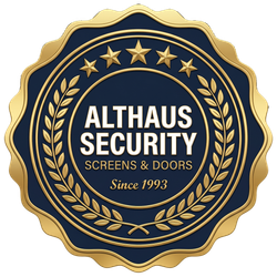 Gold and navy Althaus Security badge logo with stars, laurel wreath, and “Screens and Doors Since 1993” text
