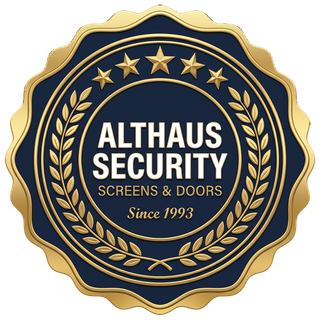 Gold and navy Althaus Security badge logo with stars, laurel wreath, and “Screens and Doors Since 1993” text Gold and navy Althaus Security badge logo with stars, laurel wreath, and “Screens and Doors Since 1993” text