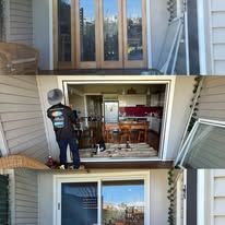 A composite image showing the installation of sliding glass doors from an exterior porch, including a person working.