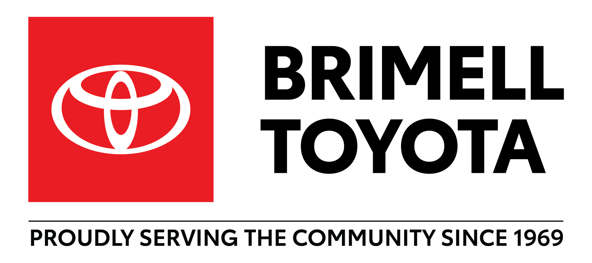 Brimell Toyota logo: red square with white Toyota emblem, black text "BRIMELL TOYOTA" and "PROUDLY SERVING... SINCE 1969".