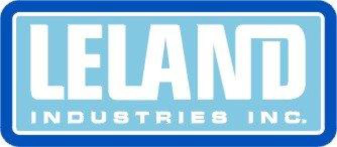 Logo for Leland Industries Inc. with white text on a light blue background inside a thick blue rectangular border.