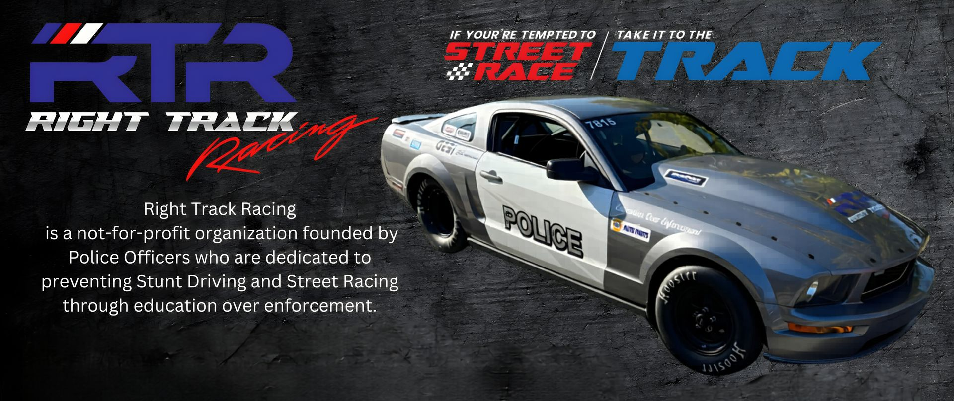 A silver performance car on a textured dark background with text logos for RTR Right Track Racing and Street to Track.