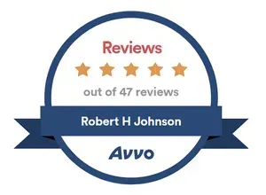 An Avvo review badge for Robert H. Johnson showing a five-star rating based on 47 reviews.