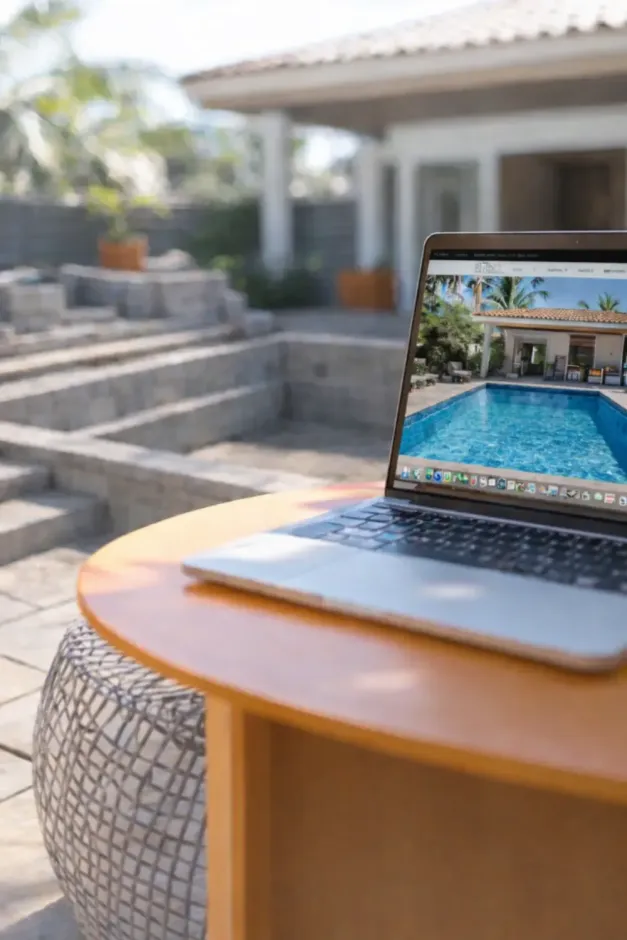 Laptop displaying a pool scene on a table in a sunny outdoor patio area