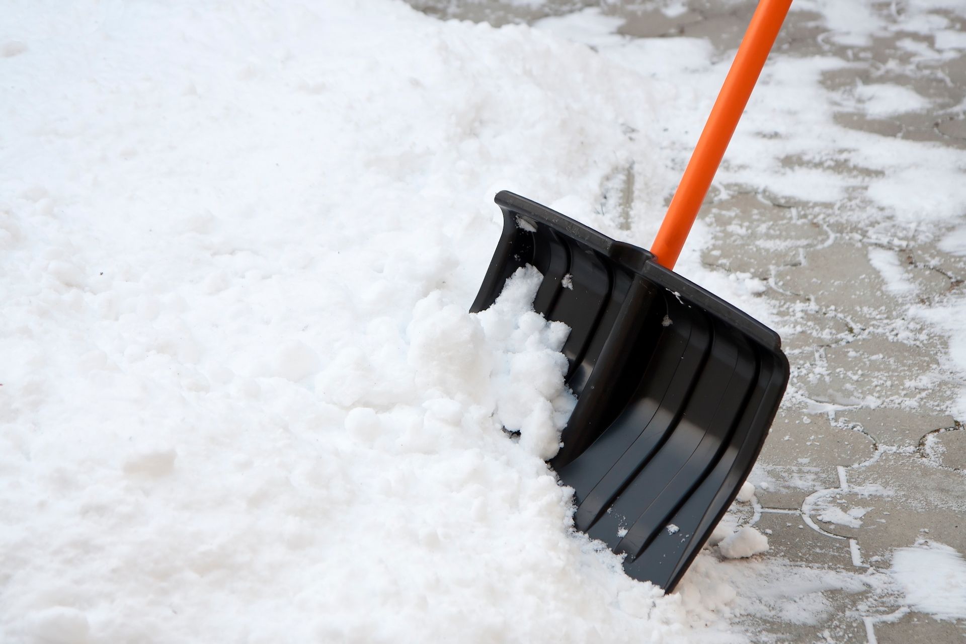 Black snow shovel scooping fresh snow on a concrete surface.