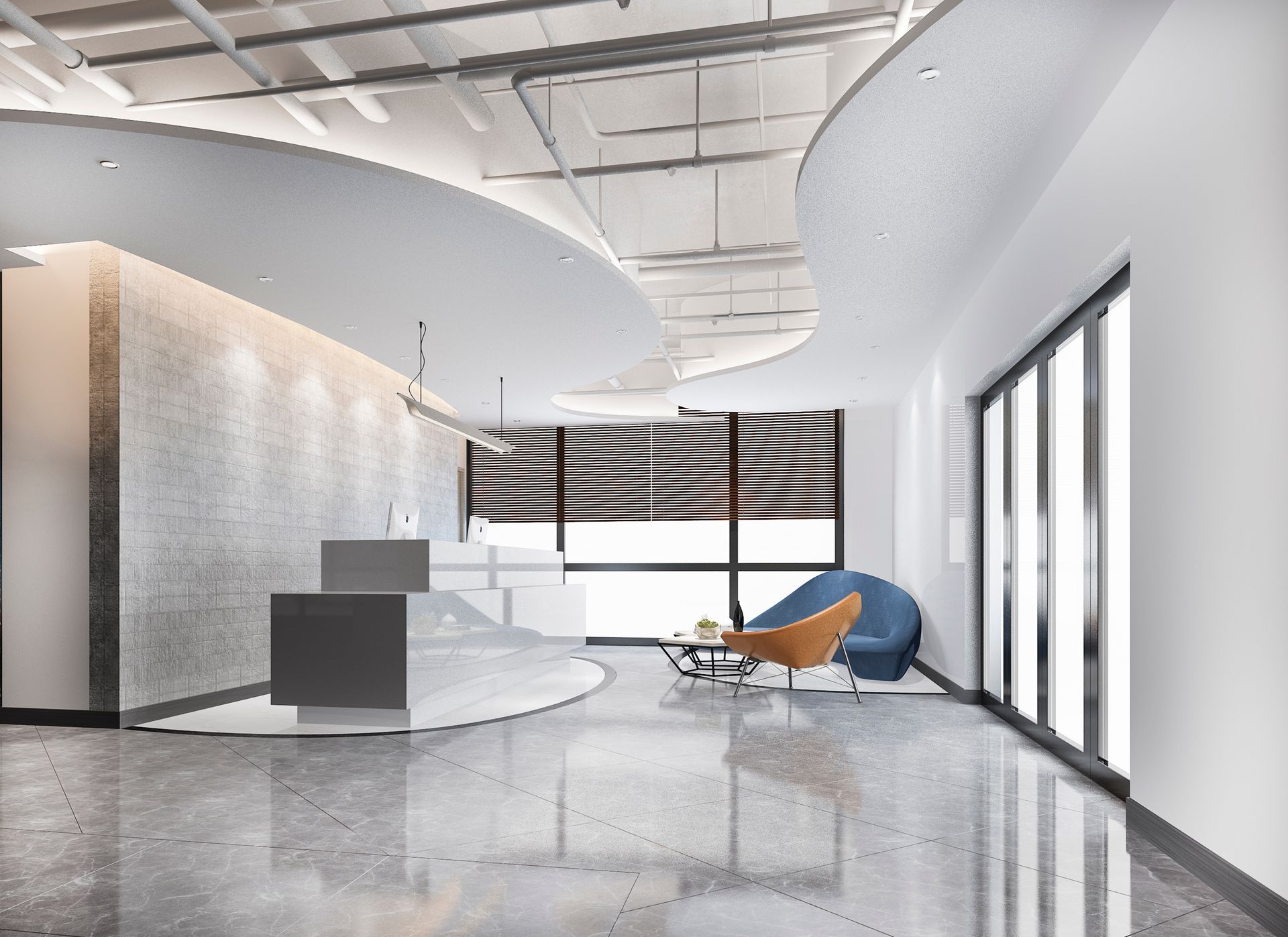 A 3d rendering of a modern lobby with a reception desk and chairs.