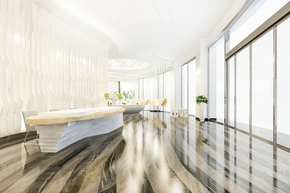 It is a 3d rendering of a modern lobby with a marble floor.