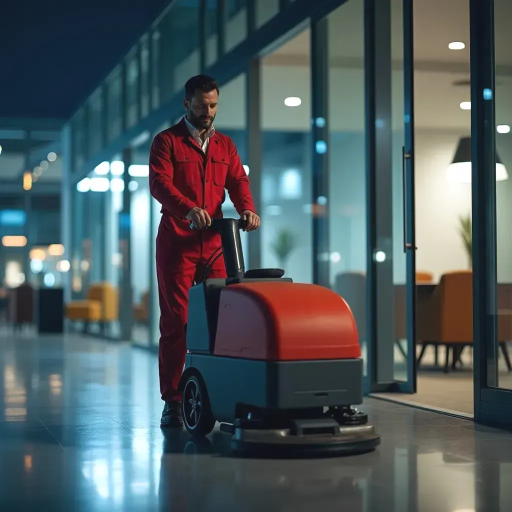 A man in a red jumpsuit is cleaning a floor with a machine.