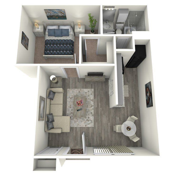 Floor plan: bedroom, bathroom, living room, dining area, kitchen. Neutral colors, modern furniture, and a balcony.
