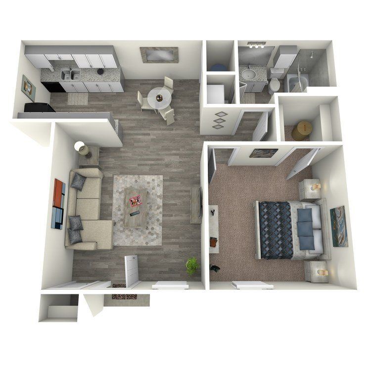 Top-down view of a furnished one-bedroom apartment layout, showing kitchen, living room, dining area, bathroom, and bedroom.