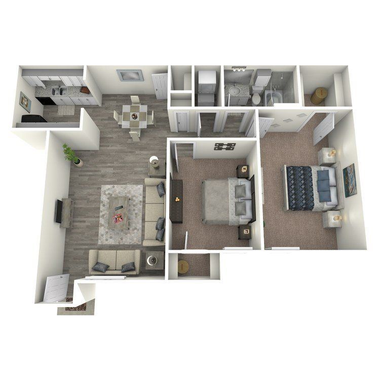 Floor plan of a two-bedroom apartment, showing kitchen, living room, dining area, and bedrooms.