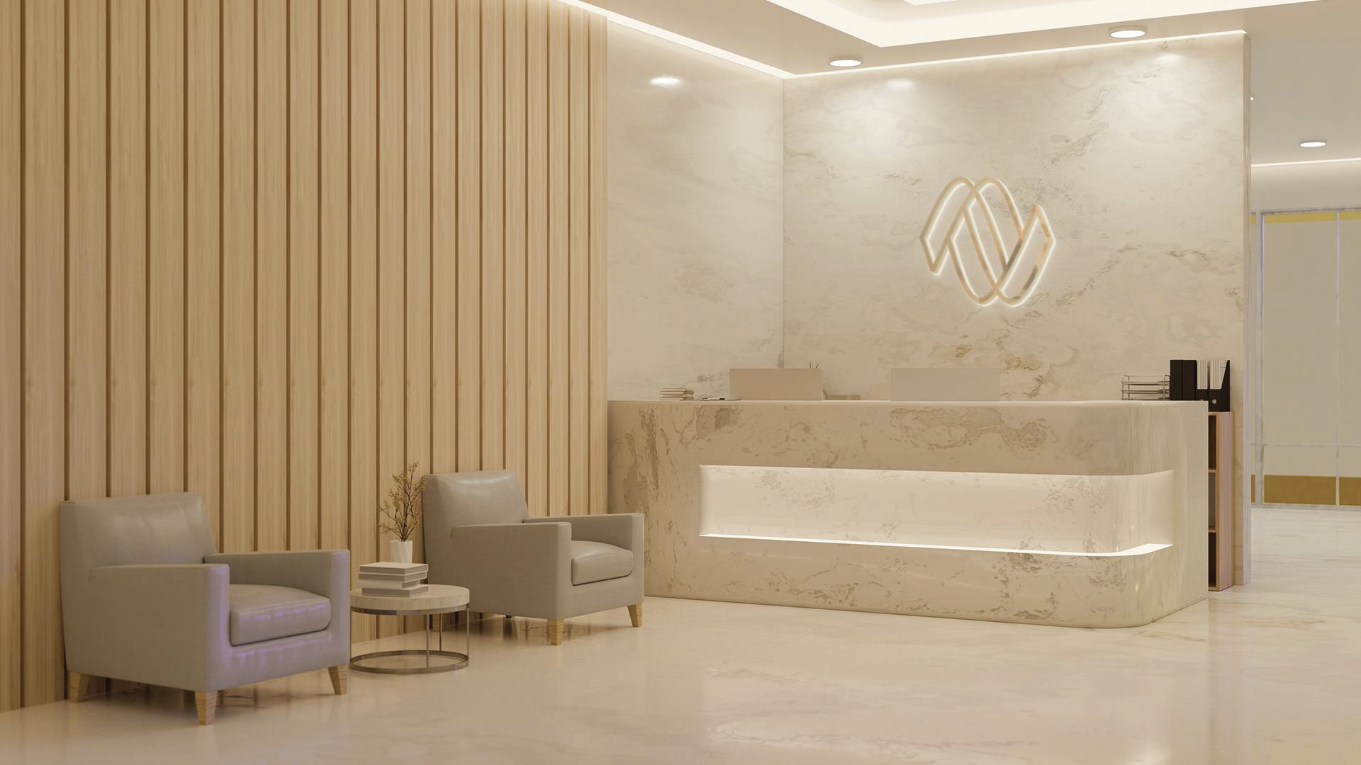 A waiting room with two chairs and a marble counter.