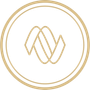 A gold and white logo in a circle on a white background.