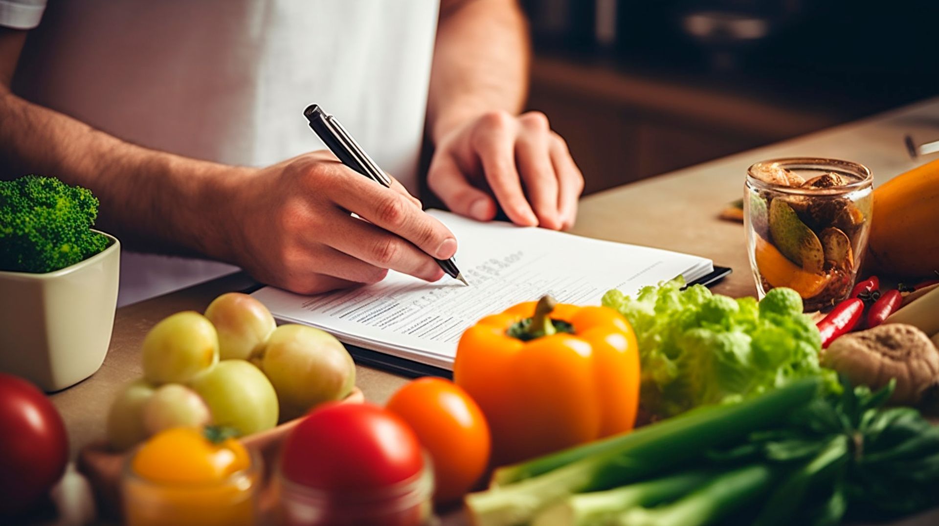 A man is writing in a notebook while sitting at a table filled with fruits and vegetables.