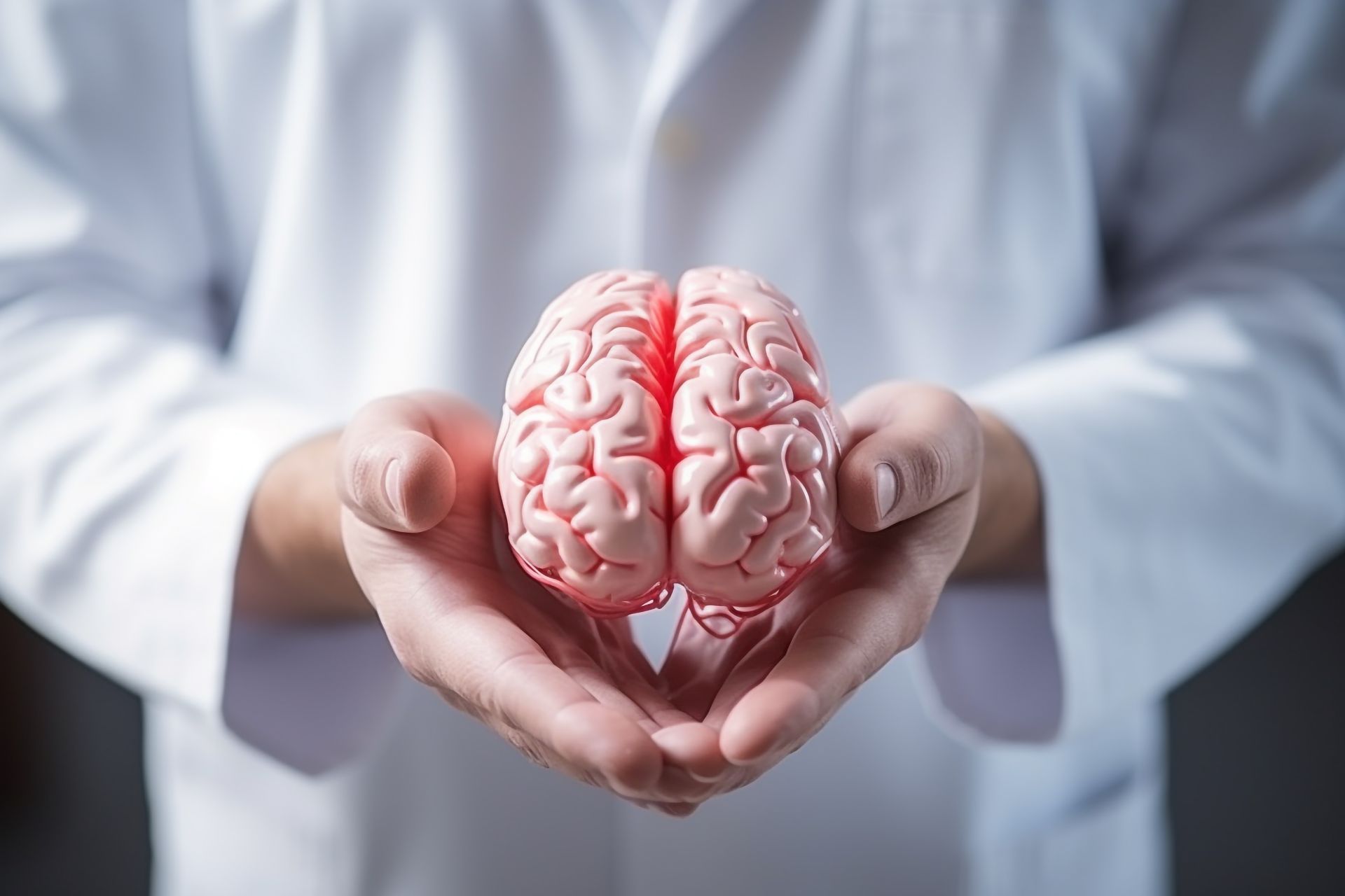 A doctor is holding a model of a human brain in his hands.