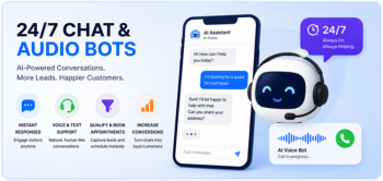 AI Chat & Voice Bots That Capture Leads 24/7 24/7 AI chat and audio bot illustration showing automated customer conversations, voice and text support, instant responses, appointment booking, and lead capture automation.