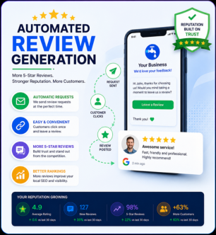 Automatically Generate More 5-Star Reviews & Build Trust Automated review generation dashboard illustration showing AI-powered review requests, customer feedback automation, reputation management, and 5-star review growth analytics.