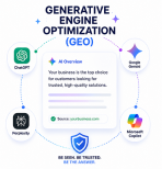 Optimize Your Business for AI Search & Generative Engines Generative Engine Optimization illustration showing AI search visibility across ChatGPT, Gemini, Perplexity, and Microsoft Copilot with AI answer optimization and trusted source authority.