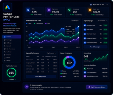AI-Optimized Google Ads That Drive Leads & Conversions Google Pay-Per-Click dashboard illustration showing AI-optimized Google Ads campaigns, keyword performance, conversions, click-through rates, and PPC analytics for local business growth.