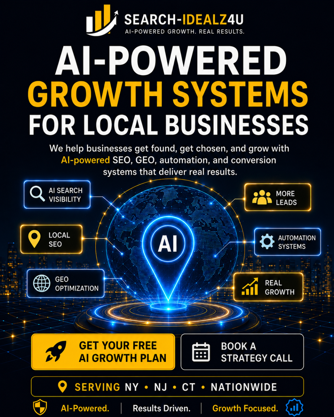AI-powered growth systems for local businesses, designed to improve visibility, generate leads, and support measurable growth. Search-IDEALZ4U mobile hero image showing AI-powered growth systems for local businesses, including local SEO, GEO optimization, automation systems, more leads, and real growth.