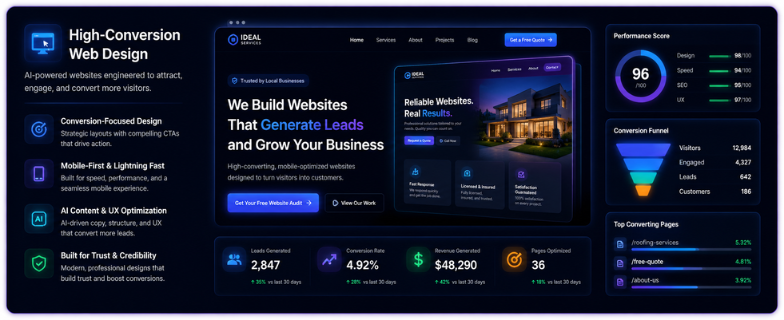 AI-Powered Websites Built to Convert Visitors Into Customers High-conversion web design dashboard illustration showing AI-powered website optimization, lead generation, and conversion-focused user experience for local businesses.