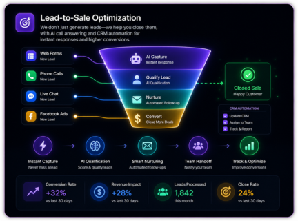 Turn More Leads Into Customers With AI & CRM Automation Lead-to-sale optimization funnel illustration showing AI-assisted lead capture, CRM automation, qualification, nurturing, and conversion workflows.