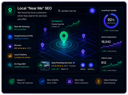 Rank Higher in Google Maps & Local Search Local “Near Me” SEO dashboard illustration showing Google Business Profile optimization, local pack rankings, customer reviews, search visibility, and lead generation analytics.