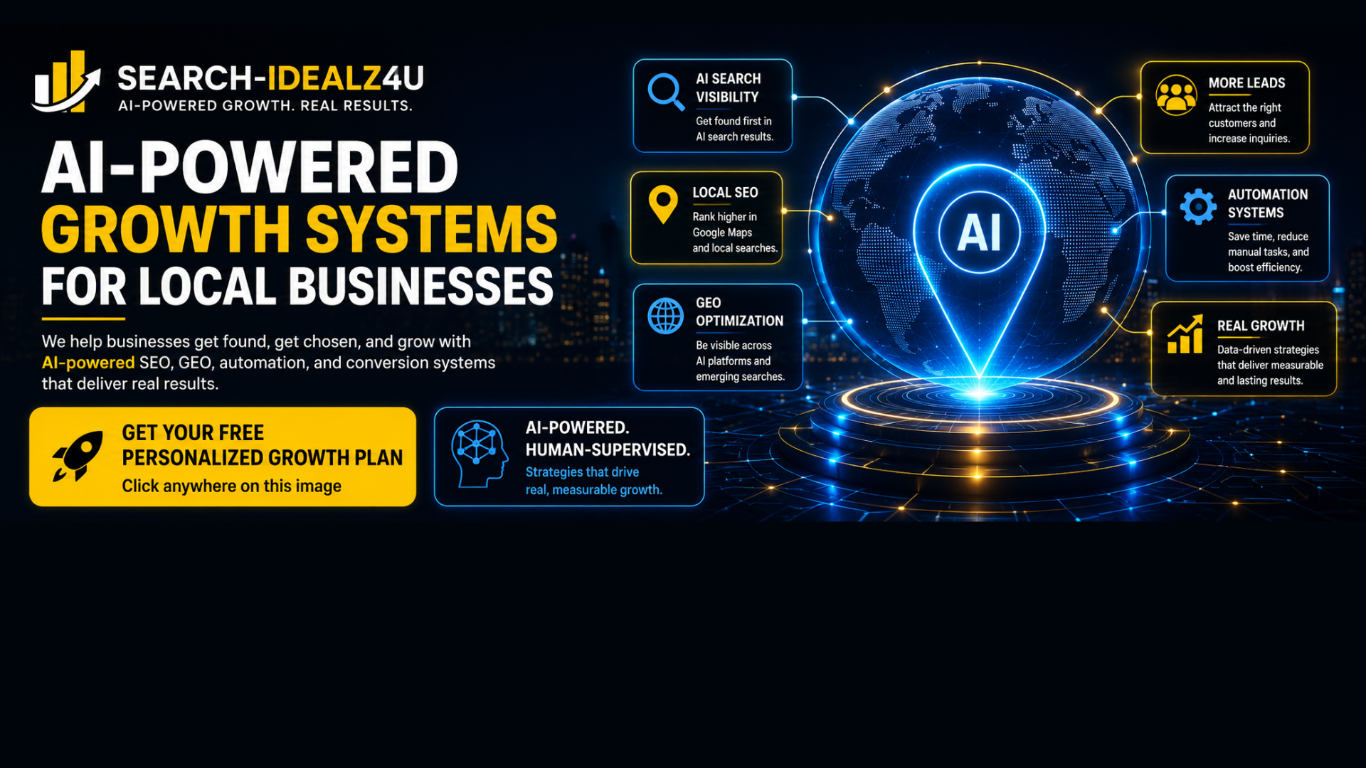 AI-powered local growth systems designed to help businesses increase visibility, attract better leads, and convert more customers. Search-IDEALZ4U AI-powered growth systems hero image showing local SEO, GEO optimization, automation systems, more leads, and real business growth for local businesses.
