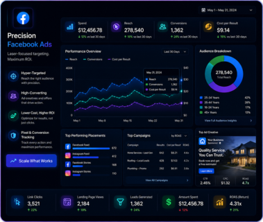 Hyper-Targeted Facebook Ads Optimized for Leads & ROI Precision Facebook Ads dashboard illustration showing AI-powered audience targeting, Meta ad campaign analytics, conversion tracking, ROI optimization, and social media advertising performance.
