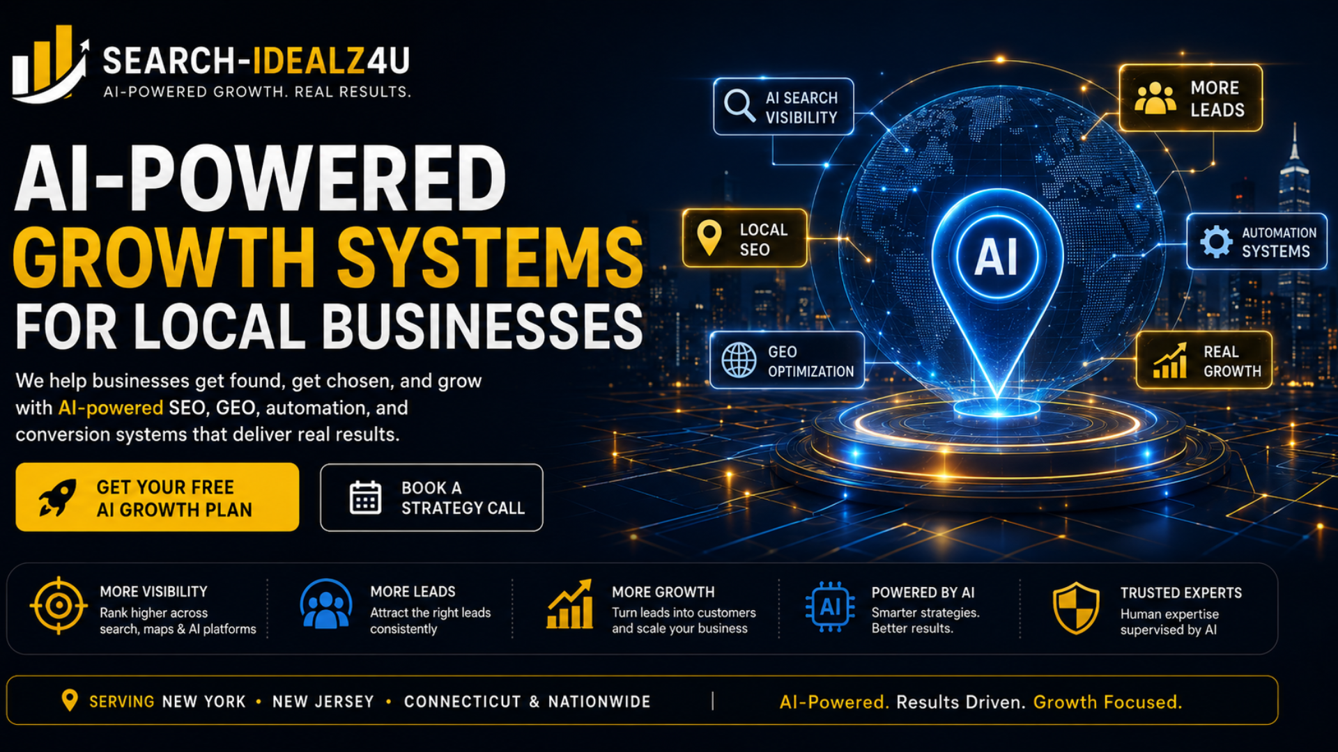 AI-powered local growth systems designed to help businesses increase visibility, attract better leads, and convert more customers. Search-IDEALZ4U AI-powered growth systems hero image showing local SEO, GEO optimization, automation systems, more leads, and real business growth for local businesses.